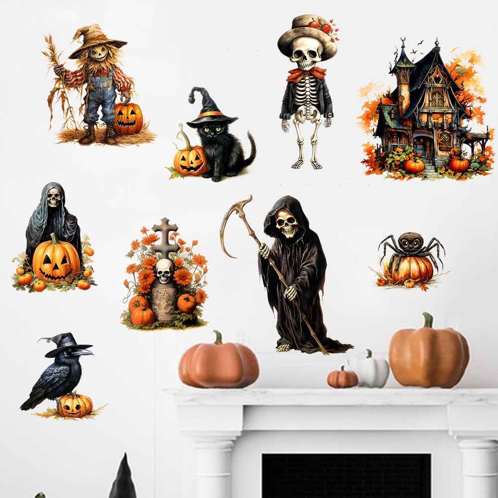 Mirabuy Halloween Wall Stickers Witch Bats Pumpkin Crow Spooky Castle Scarecrow Wall Decals for Halloween Decorations, MB-Halloween-Sticker-1