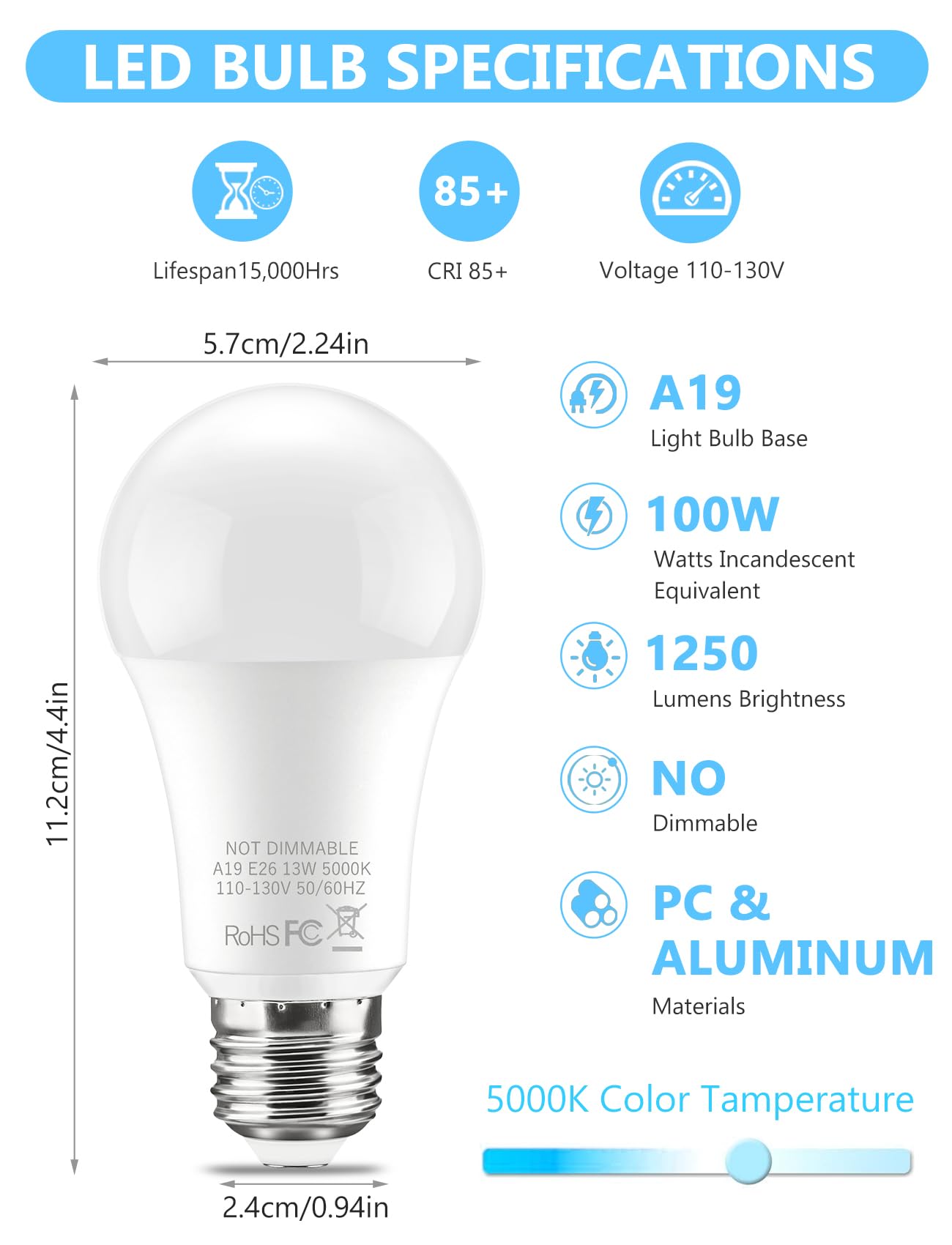 BTBHIHO 6-Pack A19 LED Light Bulbs 100W Equivalent 1250 Lumens, 13W 5000K Cool White Non-Dimmable, No Flicker, Super Bright CRI85+ Standard E26 Edison Screw Bulbs for Bedroom, Home, Office