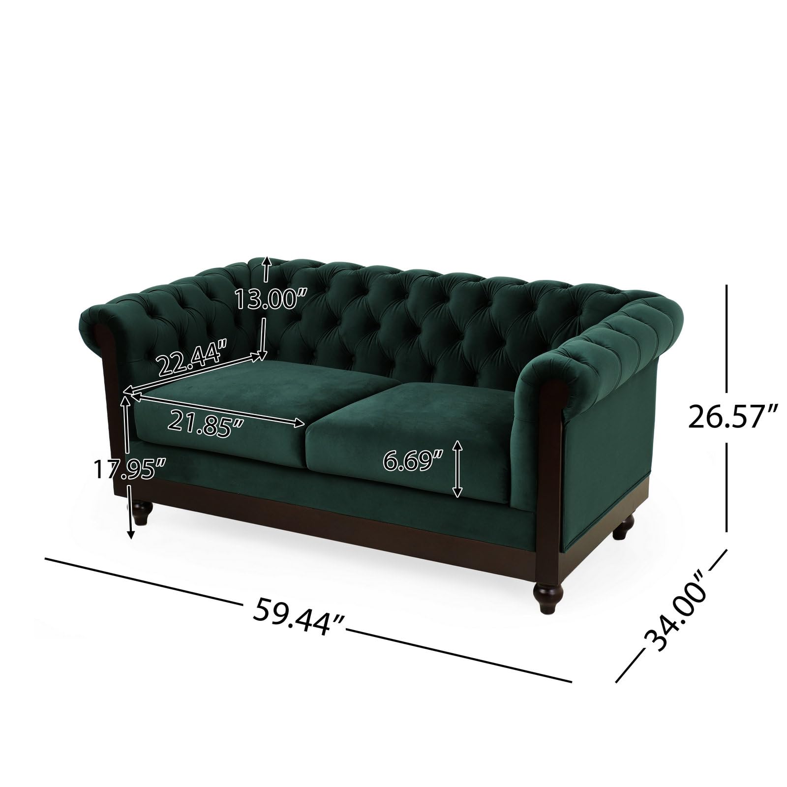 LUMISOL Chesterfield Velvet Loveseat Sofa with Tufted Button, Rolled Arm Dutch Plush Upholstered Sofa Couch, 2 Seater Sofa Couch Furniture for Living Room Apartment Office, Forest Green