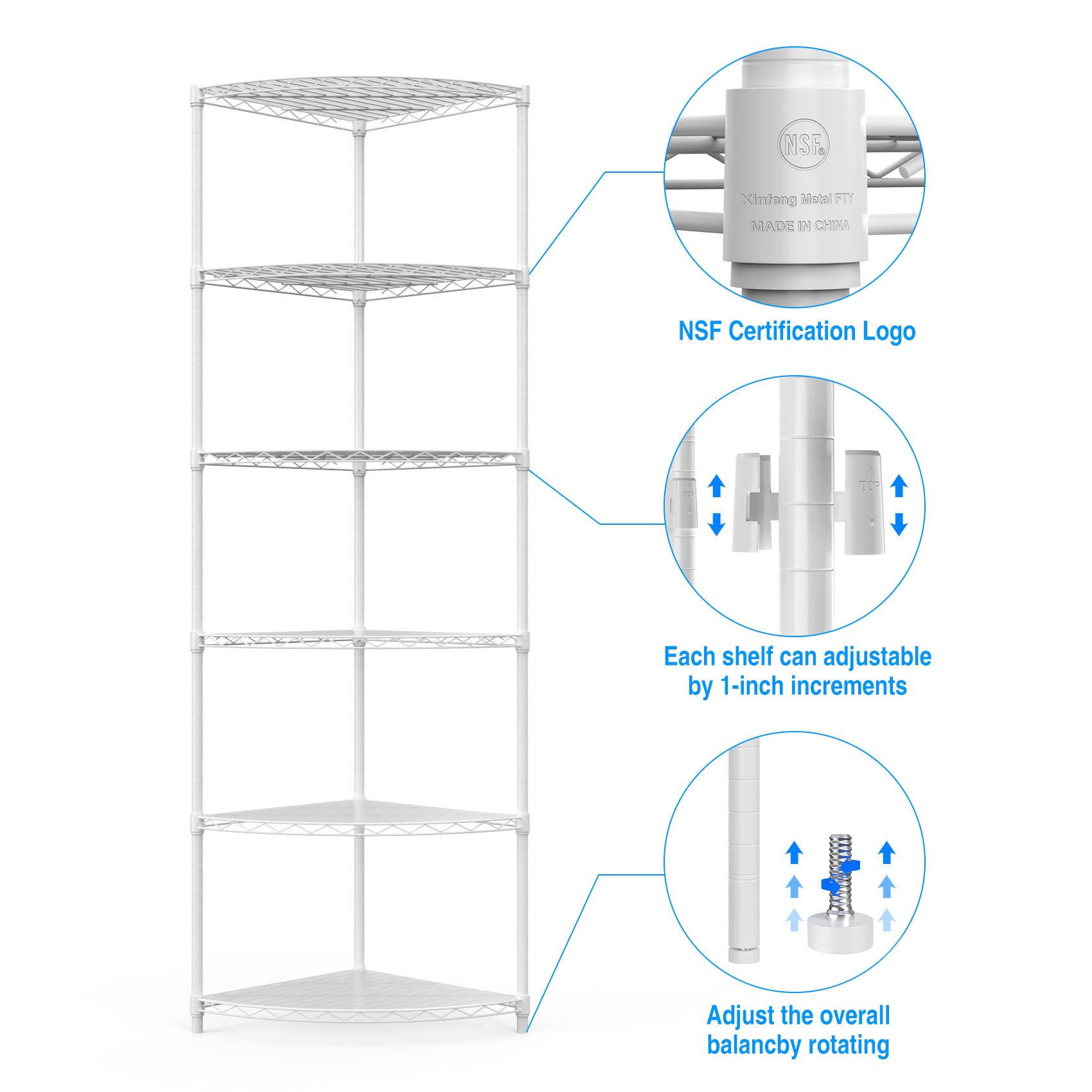 White 6 Tier NSF Metal Triangular Corner Wire Shelving Units, 420lbs Storage Rack for Kitchen, Utility Room, Warehouse, 72" H x 18" L x 18" W