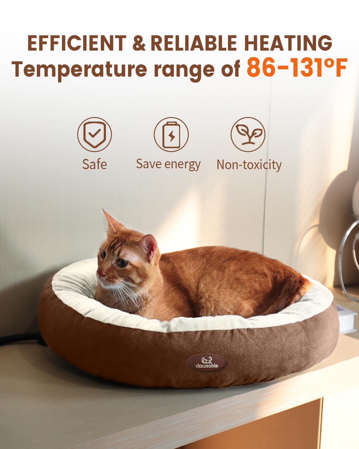 clawsable Heated Cat Bed for Small Medium Size Cats, Super Soft Round Heated Pet Bed with Warming Temperature Cat Bed for Indoor Cats, Electric Cat Heating Bed for Kittens (Beige+Brown)