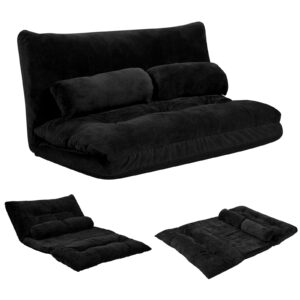 komfott foldable floor lazy sofa with 2 pillows, 6-position adjustable reclining sofa sleeper bed, convertible futon couch bed, floor couch lounge for relaxing, reading, playing, gaming (black)