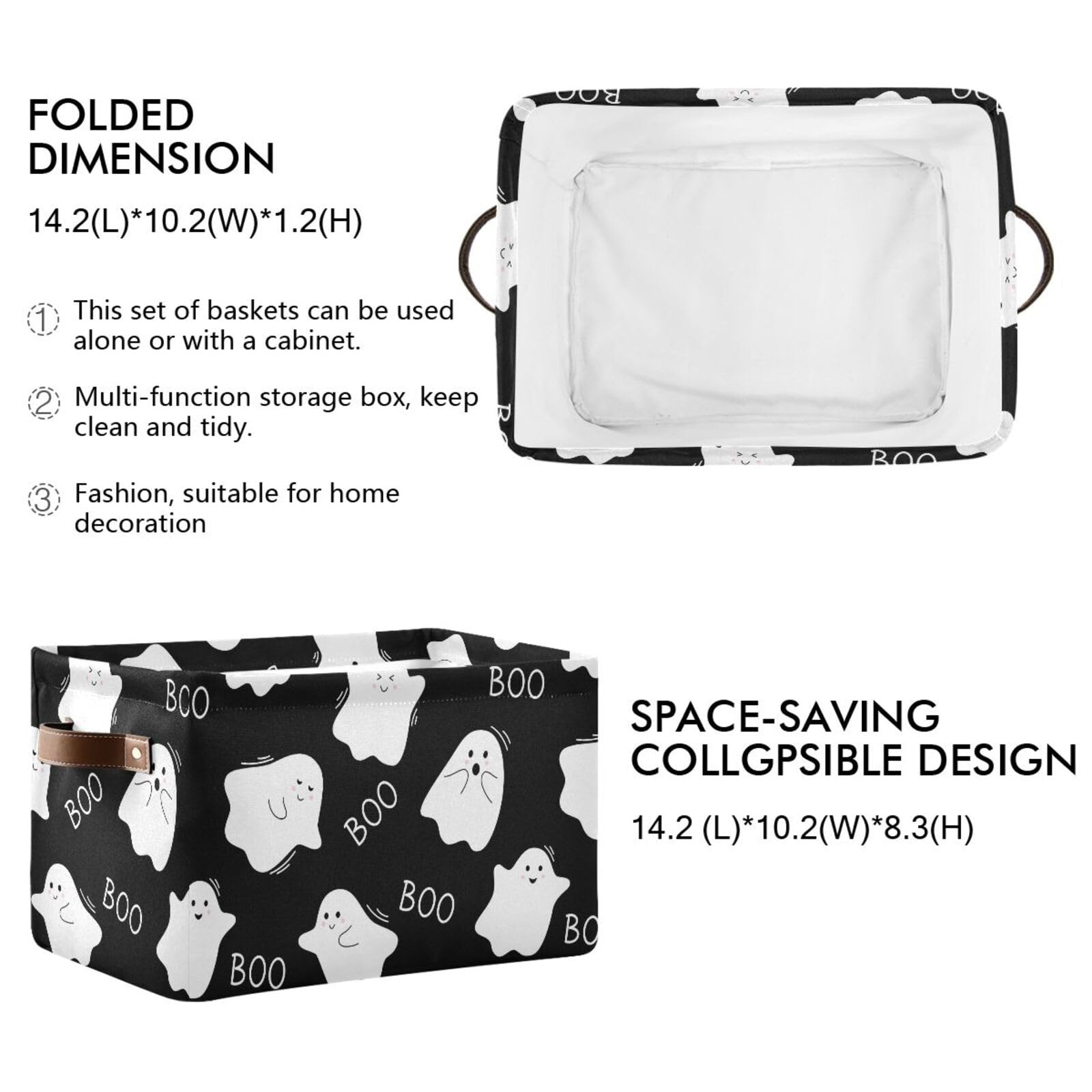 ZENWAWA Storage Cube Kawaii Halloween Black Print Collapsible Fabric, Large Foldable Open Organizer Bins Baskets with PU Handles 1 Pack