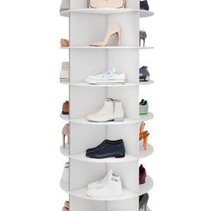 Toemics 7 Tier Rotating Shoe Rack Tower 28 Shelves, 360° Spinning Display Lazy Susan Organizer, Carousel for Shoes & Handbags, Easy Assembly, Includes 4 PCS Double-Layer Shoe Racks, White