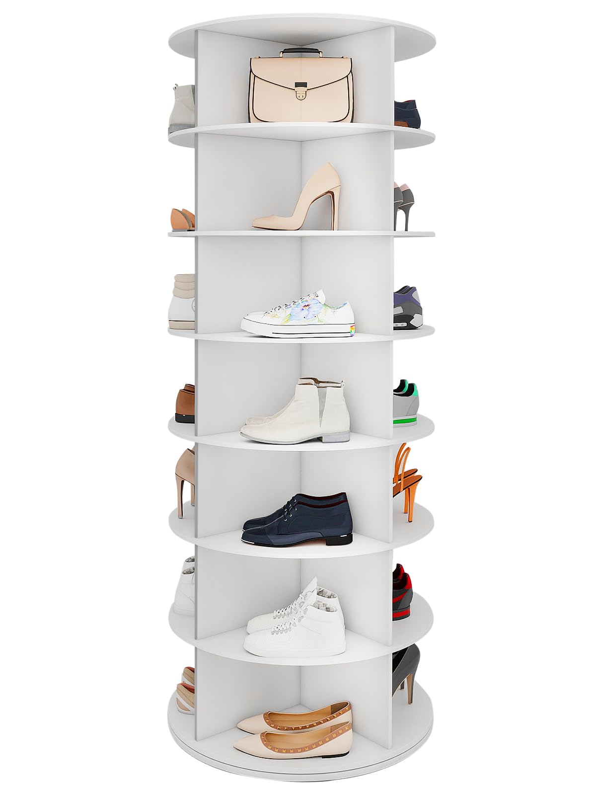 Toemics 7 Tier Rotating Shoe Rack Tower 28 Shelves, 360° Spinning Display Lazy Susan Organizer, Carousel for Shoes & Handbags, Easy Assembly, Includes 4 PCS Double-Layer Shoe Racks, White