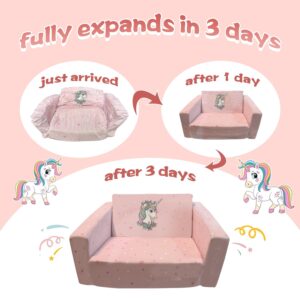 JoiyeScent Large Play Kids Sofa, Children's 2 in 1 Convertible Sofa to Lounger, Extra Soft Sofa Bed Fold Out for Toddler Girls, Cute Unicorn Print Pre-Assembled Kids Furniture for Playroom Bedroom