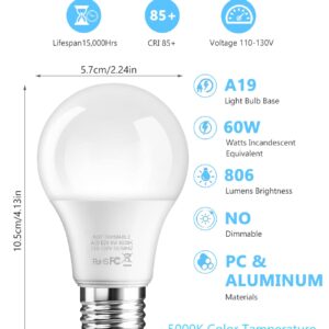 BTBHIHO 6-Pack A19 LED Light Bulbs 60W Equivalent 806 Lumens, 9W 5000K Warm White Non-Dimmable, No Flicker, Super Bright CRI85+ Standard E26 Edison Screw Bulbs for Bedroom, Home, Office