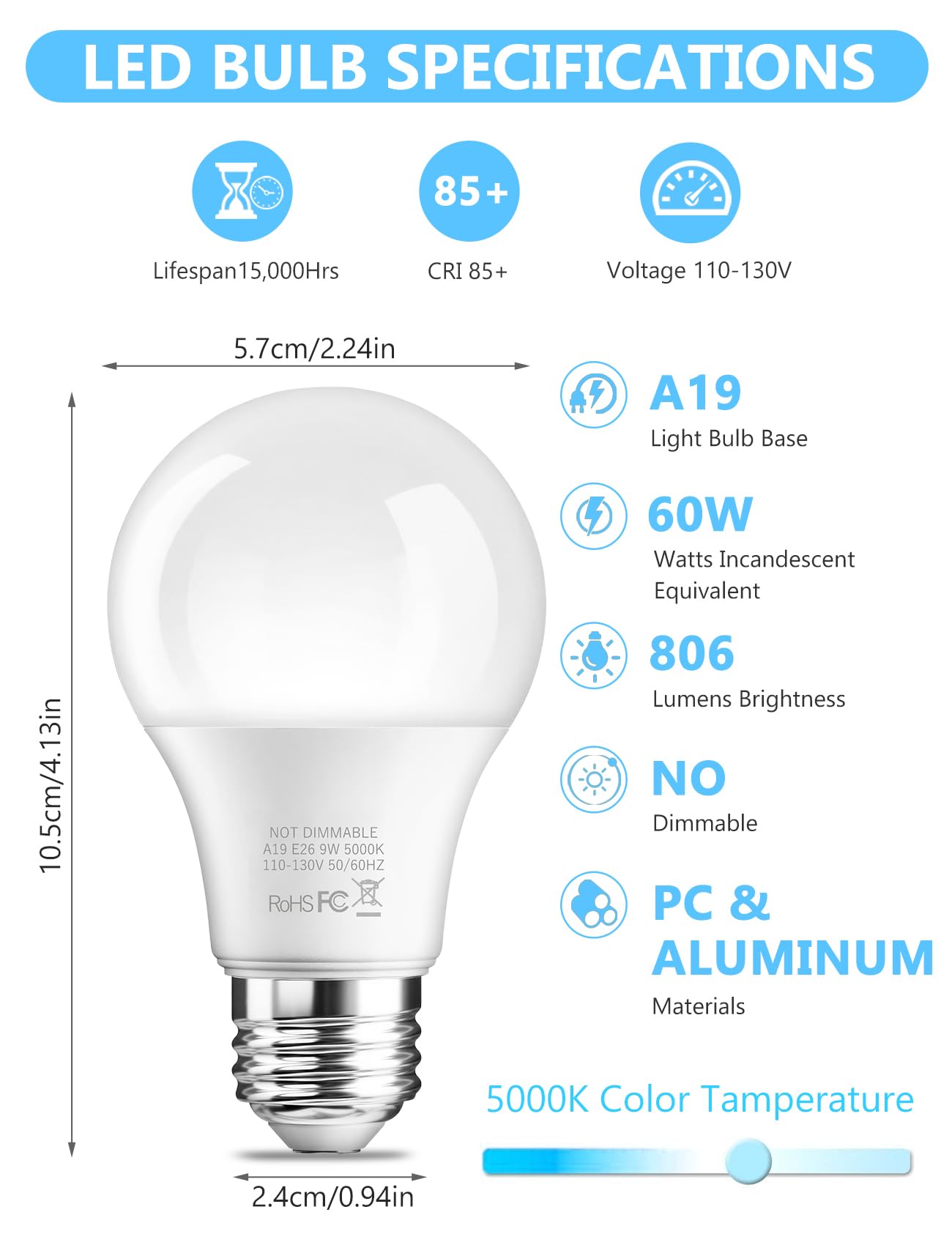 BTBHIHO 6-Pack A19 LED Light Bulbs 60W Equivalent 806 Lumens, 9W 5000K Warm White Non-Dimmable, No Flicker, Super Bright CRI85+ Standard E26 Edison Screw Bulbs for Bedroom, Home, Office