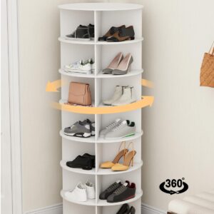 Toemics 7 Tier Rotating Shoe Rack Tower 28 Shelves, 360° Spinning Display Lazy Susan Organizer, Carousel for Shoes & Handbags, Easy Assembly, Includes 4 PCS Double-Layer Shoe Racks, White