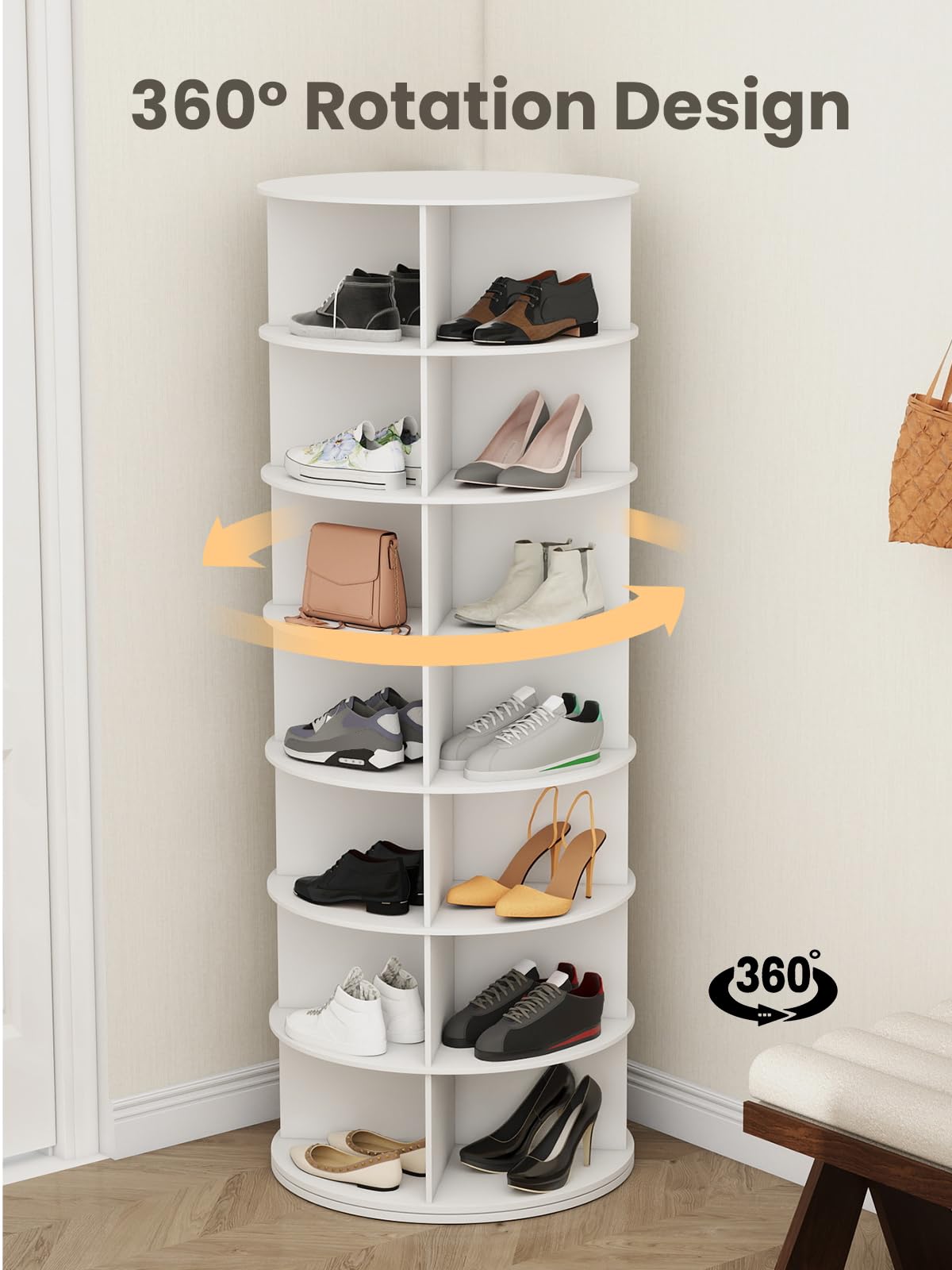 Toemics 7 Tier Rotating Shoe Rack Tower 28 Shelves, 360° Spinning Display Lazy Susan Organizer, Carousel for Shoes & Handbags, Easy Assembly, Includes 4 PCS Double-Layer Shoe Racks, White