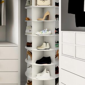 Toemics 7 Tier Rotating Shoe Rack Tower, 360° Spinning Display Lazy Susan Organizer, Holds 35 Pairs, Carousel for Shoes & Handbags, Easy Assembly, Includes 4 PCS Double-Layer Shoe Racks, White