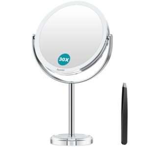 auxmir 1x/ 30x magnifying mirror, makeup mirror with tweezer, double sided round vanity tabletop mirror, 360° rotation portable for dressing table desk bathroom bedroom travel, clear