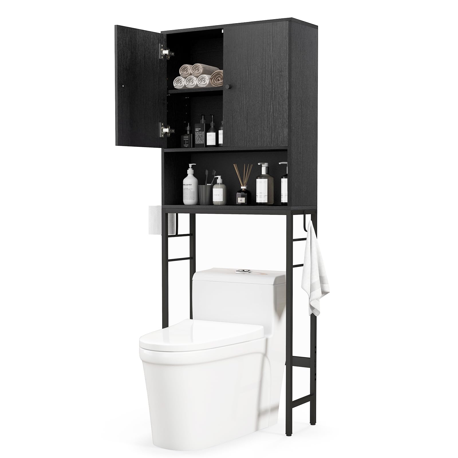 Tangkula Over The Toilet Storage Cabinet, Freestanding Toilet Rack w/ 2 Doors, Adjustable Shelf, Adjustable Bottom Bar, 2 Side Hooks, Above Toilet Storage Shelf for Bathroom, Laundry Room (Black)