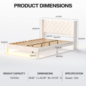 Lihimte Queen Size Bed Frame with Led Lights, Upholstered Velvet Platform Bed Frames with Button Tufted Wingback Headboard and Footboard, Wooden Slats Support, No Box Spring Needed, Beige