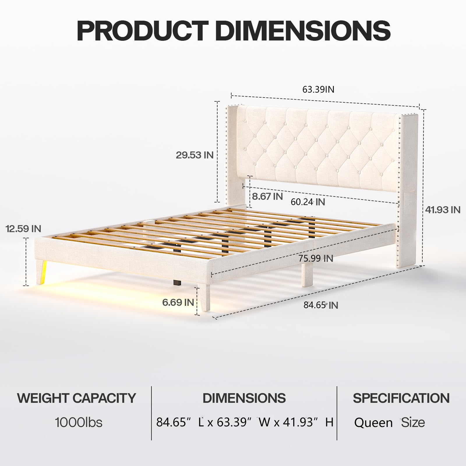 Lihimte Queen Size Bed Frame with Led Lights, Upholstered Velvet Platform Bed Frames with Button Tufted Wingback Headboard and Footboard, Wooden Slats Support, No Box Spring Needed, Beige