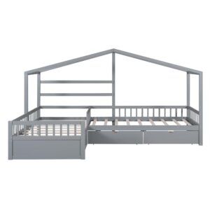 Merax House Bed for 2 Kids Twin Size, Wood L-Shaped Double Platform Bed with 3 Storage Drawers, for Boys Girls Teens, Grey