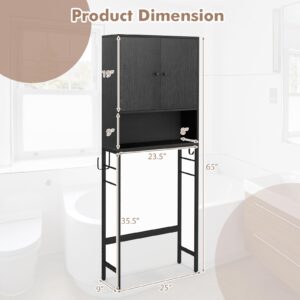 Tangkula Over The Toilet Storage Cabinet, Freestanding Toilet Rack w/ 2 Doors, Adjustable Shelf, Adjustable Bottom Bar, 2 Side Hooks, Above Toilet Storage Shelf for Bathroom, Laundry Room (Black)