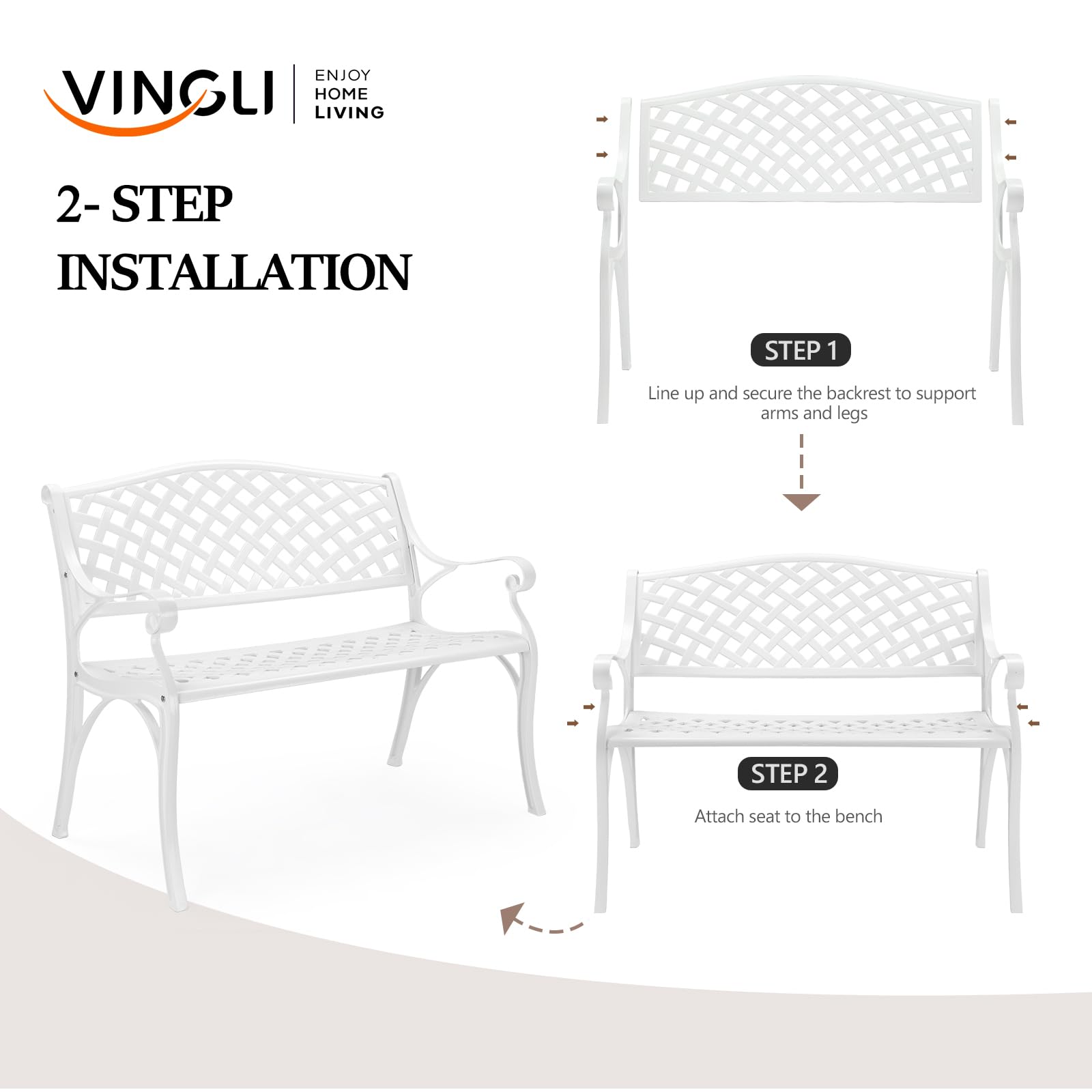 VINGLI 40.5" Outdoor Bench Patio Garden Bench, Anti- Rust Cast Aluminum Patio Bench Front Porch Bench for Yard Lawn Entryway Deck (White)