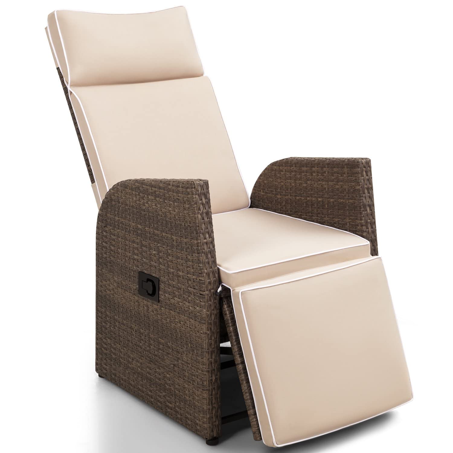 Greesum Patio Recliner All-Weather Wicker Outdoor Lounge Chair with Flip-up Side Table for Balcony, Porch, Lawn, Beige