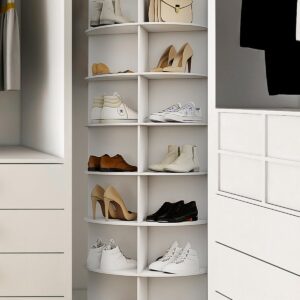 Toemics 7 Tier Rotating Shoe Rack Tower 28 Shelves, 360° Spinning Display Lazy Susan Organizer, Carousel for Shoes & Handbags, Easy Assembly, Includes 4 PCS Double-Layer Shoe Racks, White