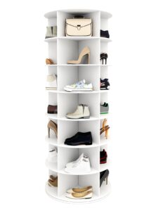 toemics 7 tier rotating shoe rack tower, 360° spinning display lazy susan organizer, holds 35 pairs, carousel for shoes & handbags, easy assembly, includes 4 pcs double-layer shoe racks, white