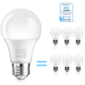 BTBHIHO 6-Pack A19 LED Light Bulbs 60W Equivalent 806 Lumens, 9W 5000K Warm White Non-Dimmable, No Flicker, Super Bright CRI85+ Standard E26 Edison Screw Bulbs for Bedroom, Home, Office