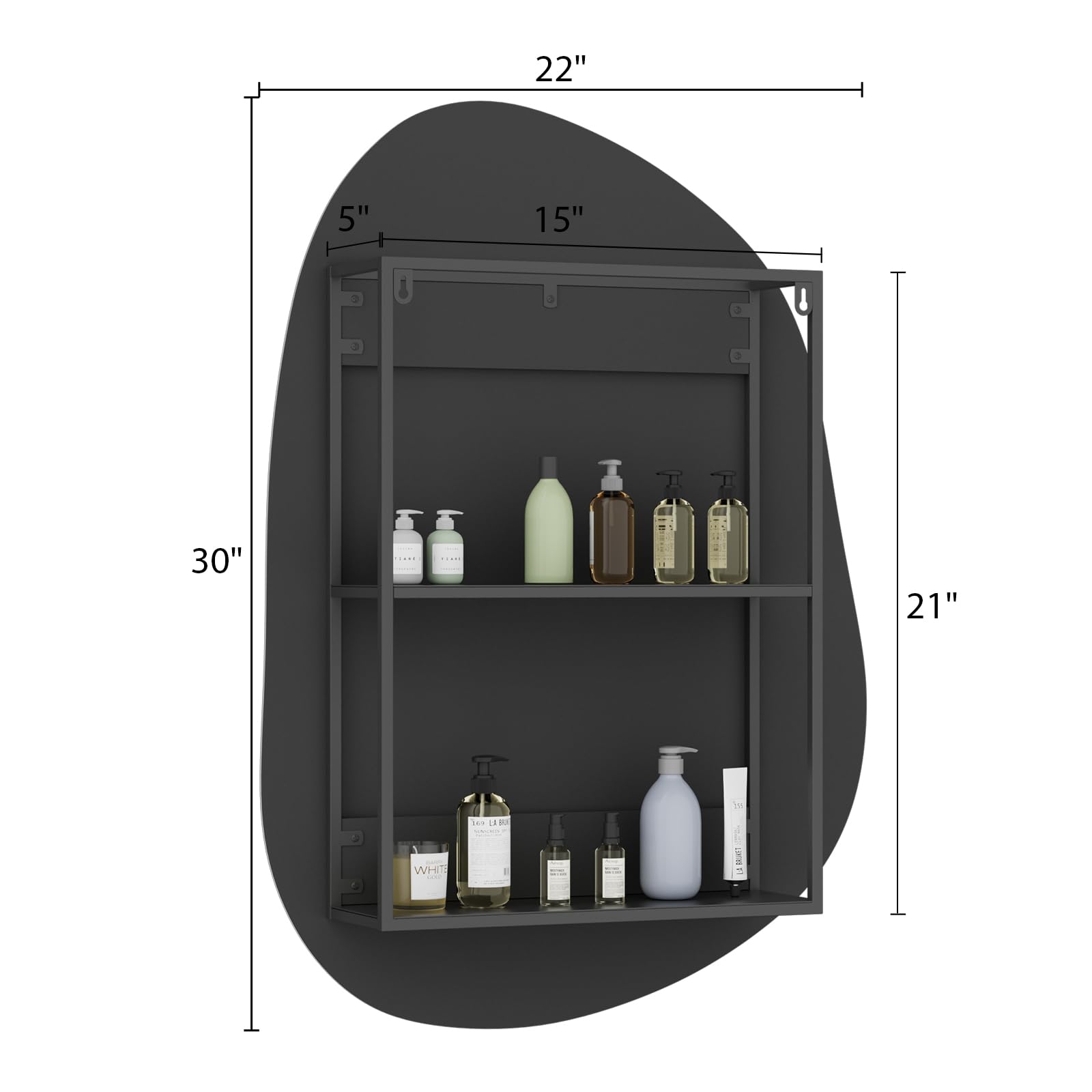 WallBeyond Bathroom Medicine Cabinet with Mirror, 22x30 Inch Black Irregular Storage Mirror with Aluminum Alloy Metal Framed, Modern Medicine Cabinet with Storage