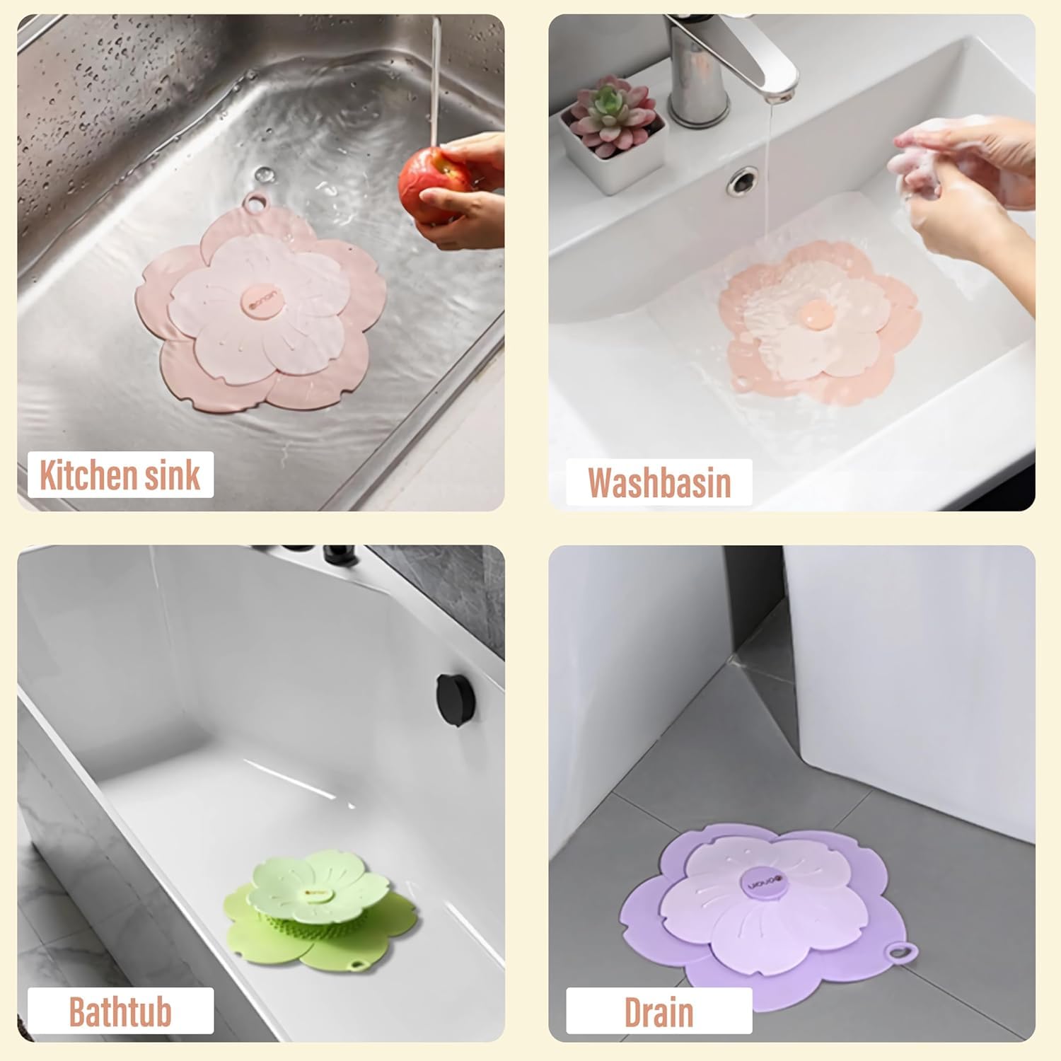 Generic 4Pcs,Anti-odor Petal Hair Drain Catcher, 7"" Silicone Hair Stopper Drain Cover for Shower, Protector Silicone Bathtub, Easy to Install Suit for Bathroom,Bathtub,Kitchen and Sink (Pink)