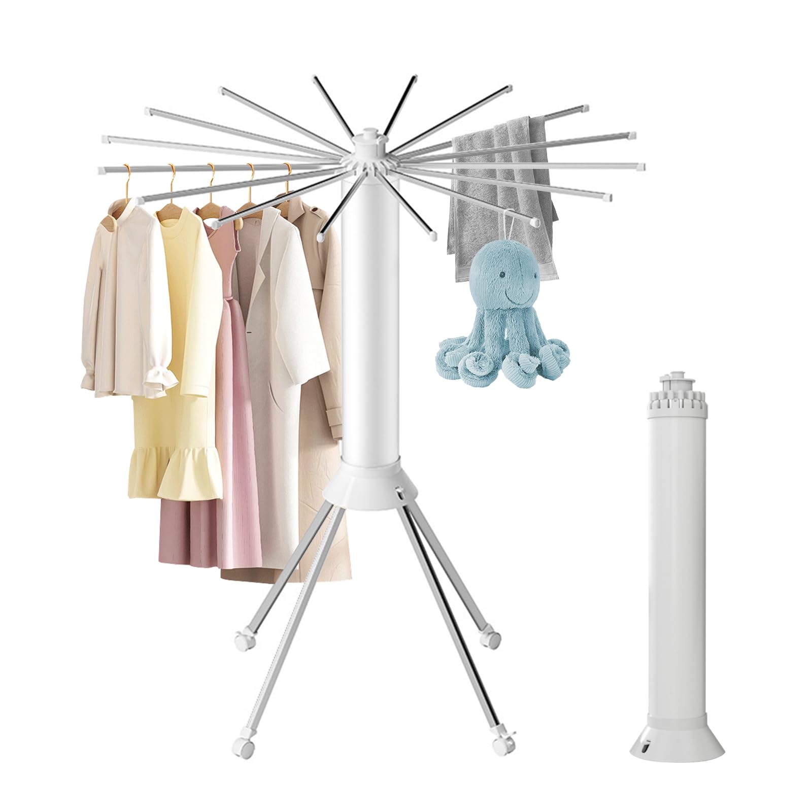 crystine Laundry Racks for Drying Clothes Octopus Cylinder Portable Clothes Rack with Four Wheels and 16 Drying Rods Space Saving Drying Rack, Suitable for Balcony, Bedroom, Indoor and Outdoor (Grey)