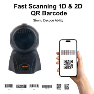 VOTTAN Automatic Omnidirectional Barcode Scanner, USB Wired 1D 2D QR Code Scanner, Hands-Free Screen Scanning Desktop Barcode Reader for Supermarket, Retail Store, Library, Warehouse (Black)