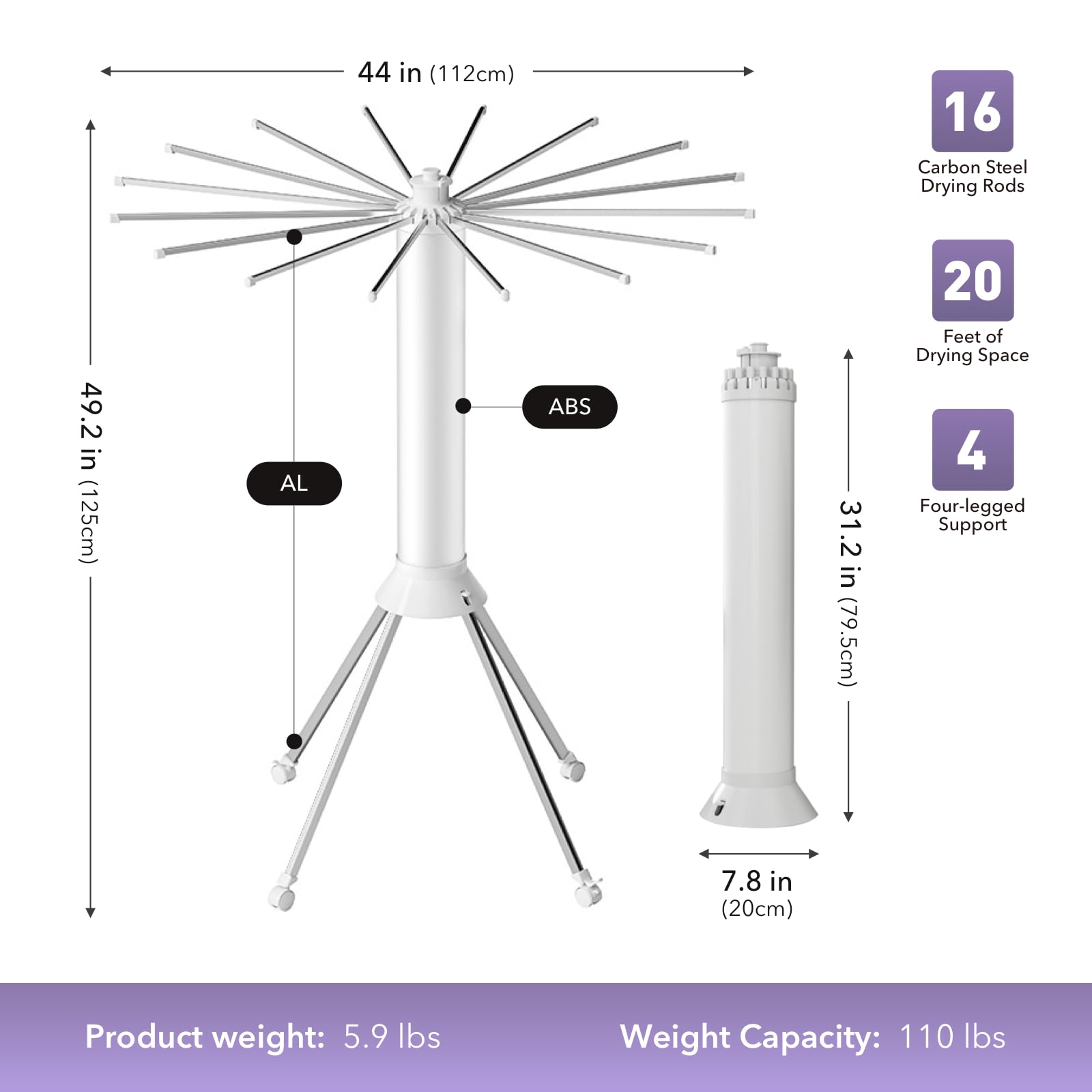 crystine Laundry Racks for Drying Clothes Octopus Cylinder Portable Clothes Rack with Four Wheels and 16 Drying Rods Space Saving Drying Rack, Suitable for Balcony, Bedroom, Indoor and Outdoor (Grey)