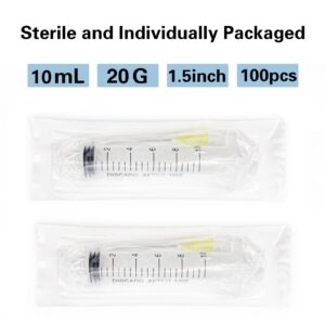 100Pcs 10ml Syringe with 20Ga 1.5 inch for Scientific Labs,Liquids Refilling and Measuring,Individually Wrapped.