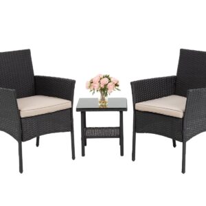 Ruesleag Patio Furniture 3 Pieces Outdoor Wicker Patio Furniture Conversation Set Patio Set Bistro Table Set for Backyard Porch Poolside Garden Balcony Lawn,Glass Coffee Table &RattanChairs Set,Black