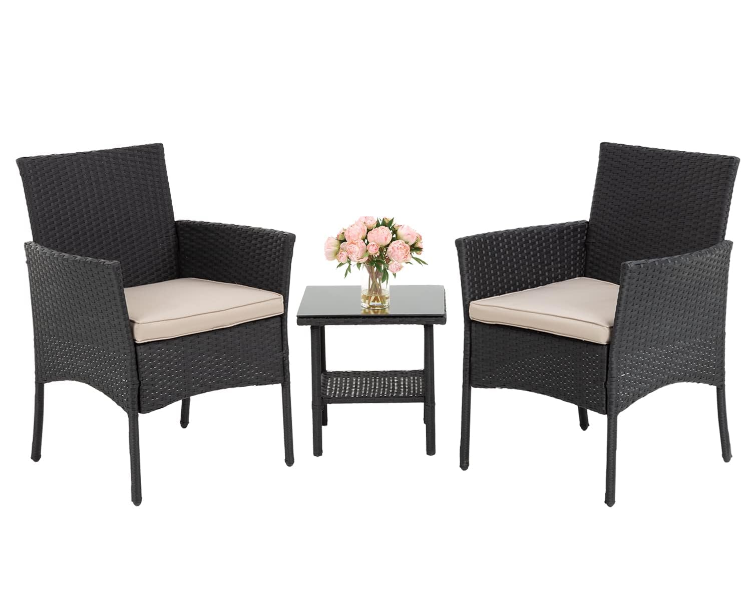 Ruesleag Patio Furniture 3 Pieces Outdoor Wicker Patio Furniture Conversation Set Patio Set Bistro Table Set for Backyard Porch Poolside Garden Balcony Lawn,Glass Coffee Table &RattanChairs Set,Black