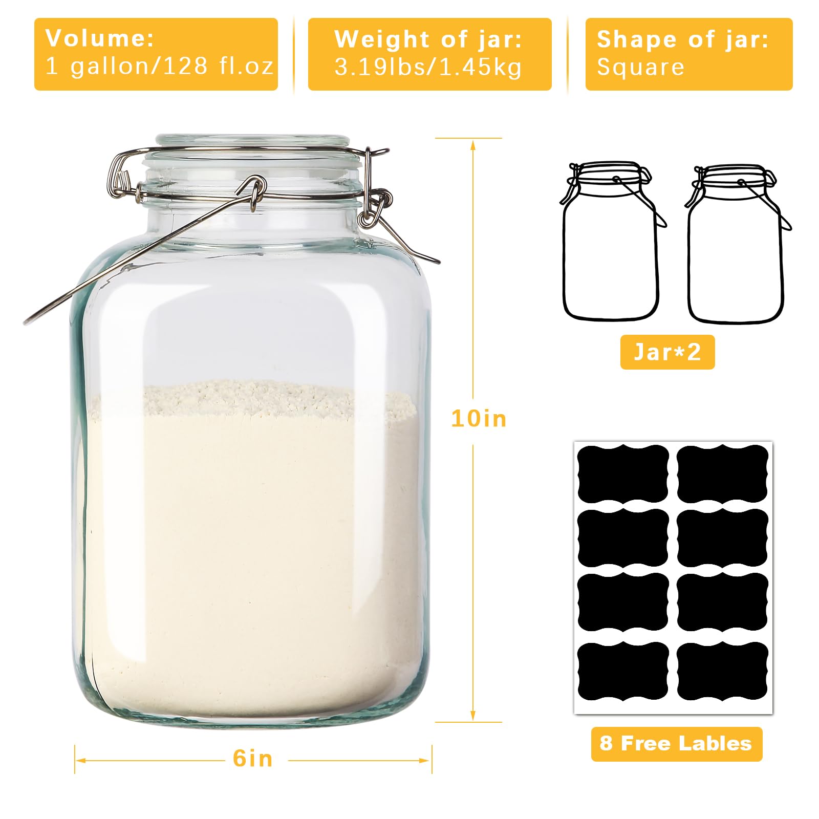 1 Gallon Airtight Glass Food Storage Jars Set of 2 with Lids, Extra Large Glass Storage Containers with Handle for Flour, Cereal, Coffee and Canning, Square Mason Jars with 8 Chalkboard Labels