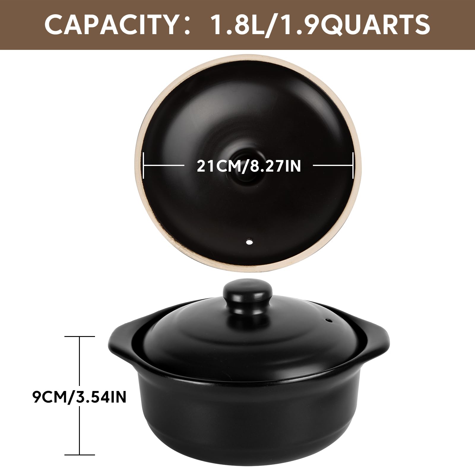 Ceramic Pots Ceramic Soup Pot with Lid Ceramic Cookware Stock Pot Rice Pot Clay Pot for Cooking (Black, 1.9 Quart)