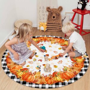 Huotupsine Fall Thanksgiving Round Area Rugs, Orange Pumpkins Maple Leaf Black Plaid Non-Skid Children Playing Mat, 3ft Soft Circle Farmhouse Rugs for Living Room, Bedroom, Dining Room