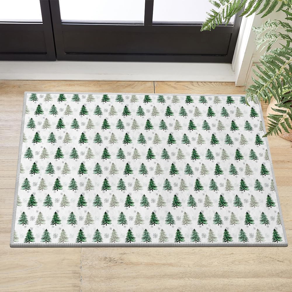 Artoid Mode Xmas Tree Snowflakes Christmas Area Rug, Winter Home Decor Low-Profile Non-Slip Washable Door Mat for Entryway Bedroom Living Room Laundry Room Indoor 2x3 Feet