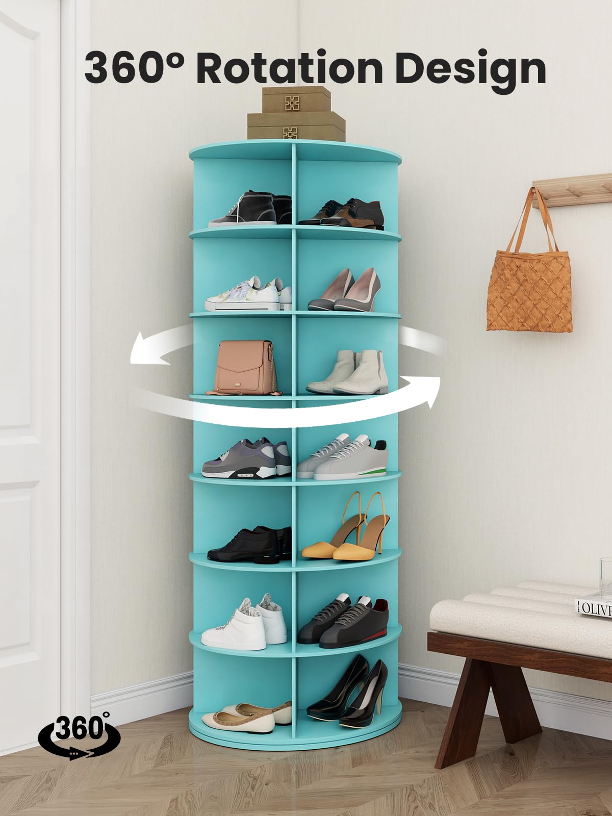 Toemics 7 Tier Rotating Shoe Rack Tower 28 Shelves, 360° Spinning Display Lazy Susan Organizer, Carousel for Shoes & Handbags, Easy Assembly, Includes 4 PCS Double-Layer Shoe Racks, Green