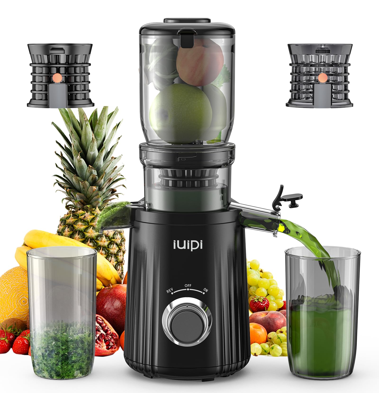 Cold Press Juicer, IUIPI Fit Whole Fruit and Vegetable Slow Masticating Juicer Machines, 4.3'' Large Feed Chute, 250W Juice Extractor Machine, High Juice Yield, BPA Free, Easy to Clean with Brush