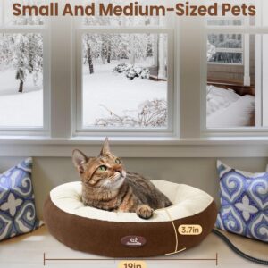 clawsable Heated Cat Bed for Small Medium Size Cats, Super Soft Round Heated Pet Bed with Warming Temperature Cat Bed for Indoor Cats, Electric Cat Heating Bed for Kittens (Beige+Brown)