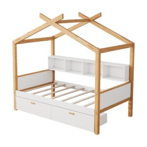 Merax Kids House Beds with Drawers & Shelves,Full Wood Storage Low Bed Frames for Boys,Girls, No Box Spring Need/Easy Assemble(Full,White)