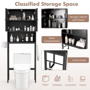 Tangkula Over The Toilet Storage Cabinet, Freestanding Toilet Rack w/ 2 Doors, Adjustable Shelf, Adjustable Bottom Bar, 2 Side Hooks, Above Toilet Storage Shelf for Bathroom, Laundry Room (Black)