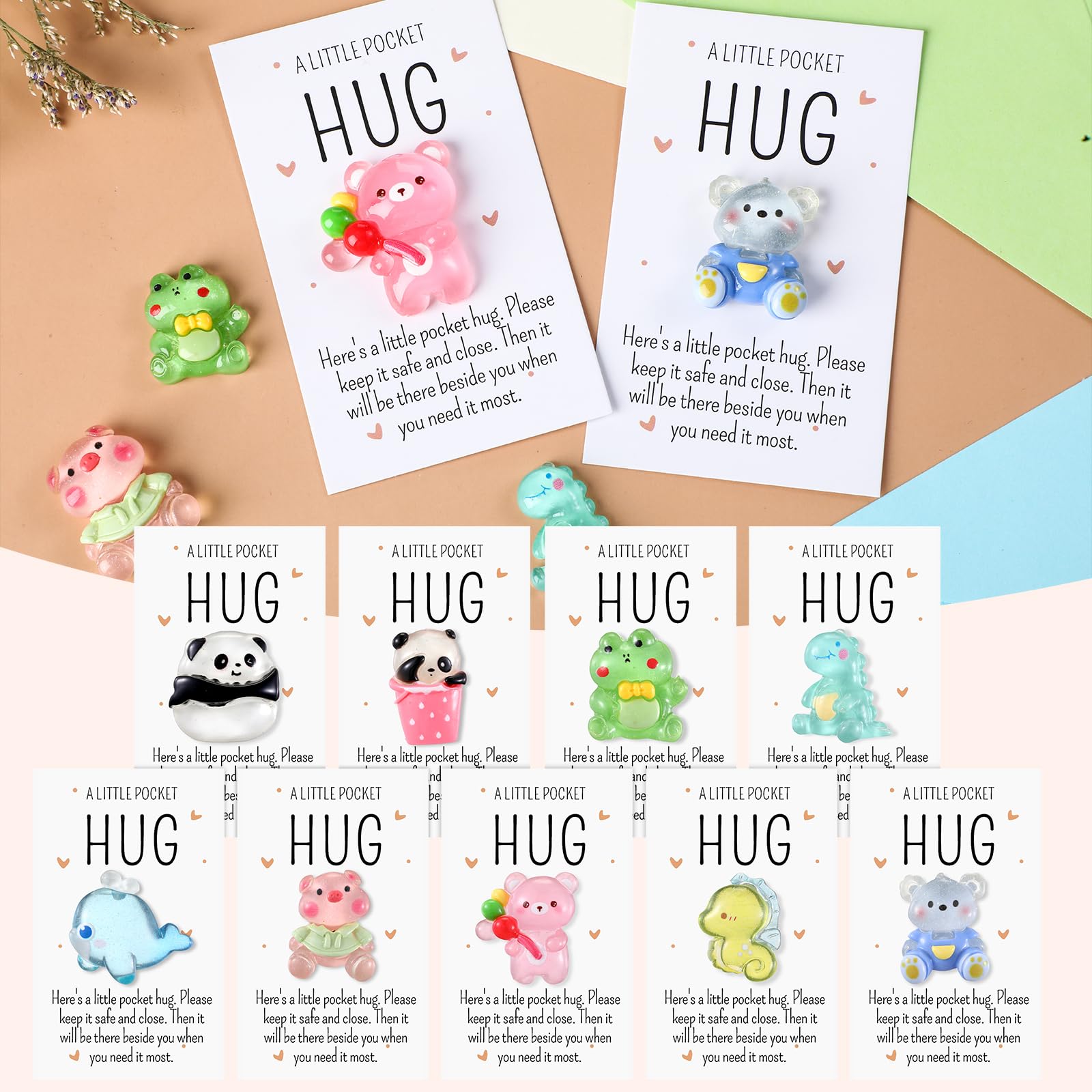 Wonderjune 9 Sets Little Resin Animal Pocket Hug Bulk Small Emotional Support Gifts with Inspirational Positive Pocket Hug Card for Appreciation Coworker Staff Friends Family Gifts (Cute Style)