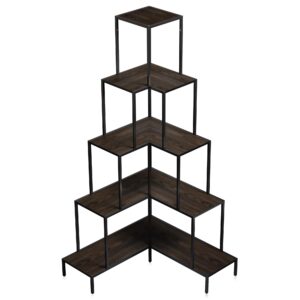 BELLEZE 5-Tier Corner Bookshelf with RGB Lights and Remote, 66" Tall L-Shaped Corner Bookcase, Storage & Display Rack for Living Room, Courtyard, Home Office - Gray