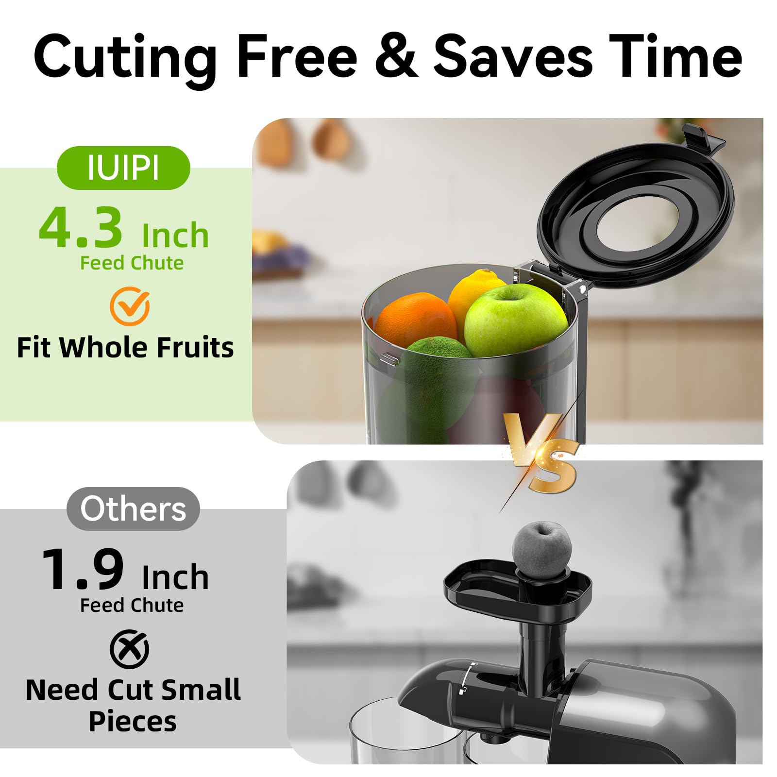 Cold Press Juicer, IUIPI Fit Whole Fruit and Vegetable Slow Masticating Juicer Machines, 4.3'' Large Feed Chute, 250W Juice Extractor Machine, High Juice Yield, BPA Free, Easy to Clean with Brush