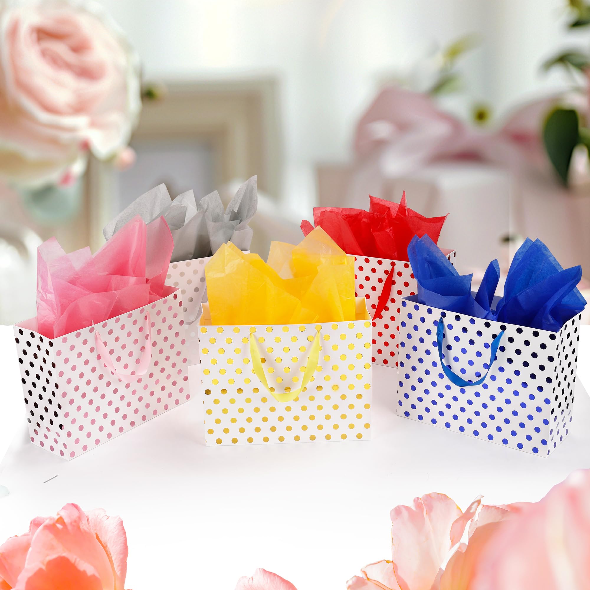 MOXARYSU Large Gift Bags With Handles: 5 Pack 13X4.7X10.2 Metallic Polka Dot Gift Bags With 15 Tissue Paper （5 Colors）