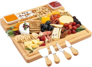 large charcuterie boards, cheese boards and knife set, bamboo wine meat cheese tray platter, charcuterie platter cheese trays, unique housewarming/wedding/bridal shower gifts for couple