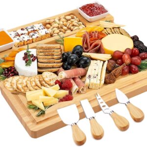 Large Charcuterie Boards, Cheese Boards and Knife Set, Bamboo Wine Meat Cheese Tray Platter, Charcuterie Platter Cheese Trays, Unique Housewarming/Wedding/Bridal Shower Gifts for Couple