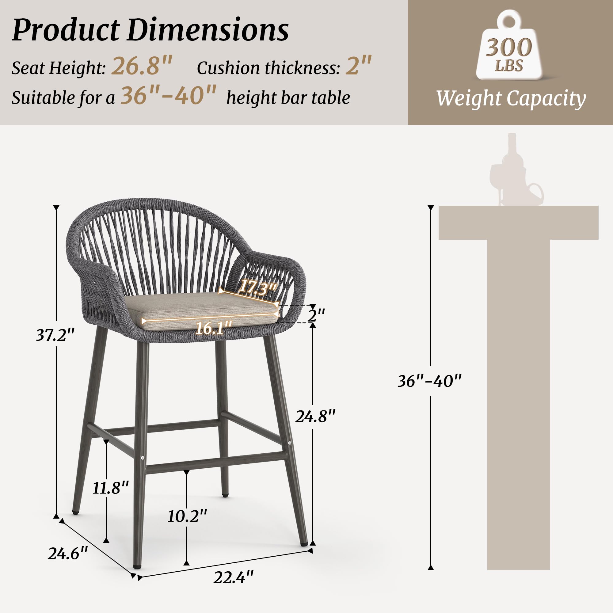 26.8" H Rattan Boho Outdoor Counter Height Bar Stools Set of 6, Woven Rope Backrest & Armrest Outdoor Barstools with Aluminum Legs for Kitchen Patio, Slate Gray